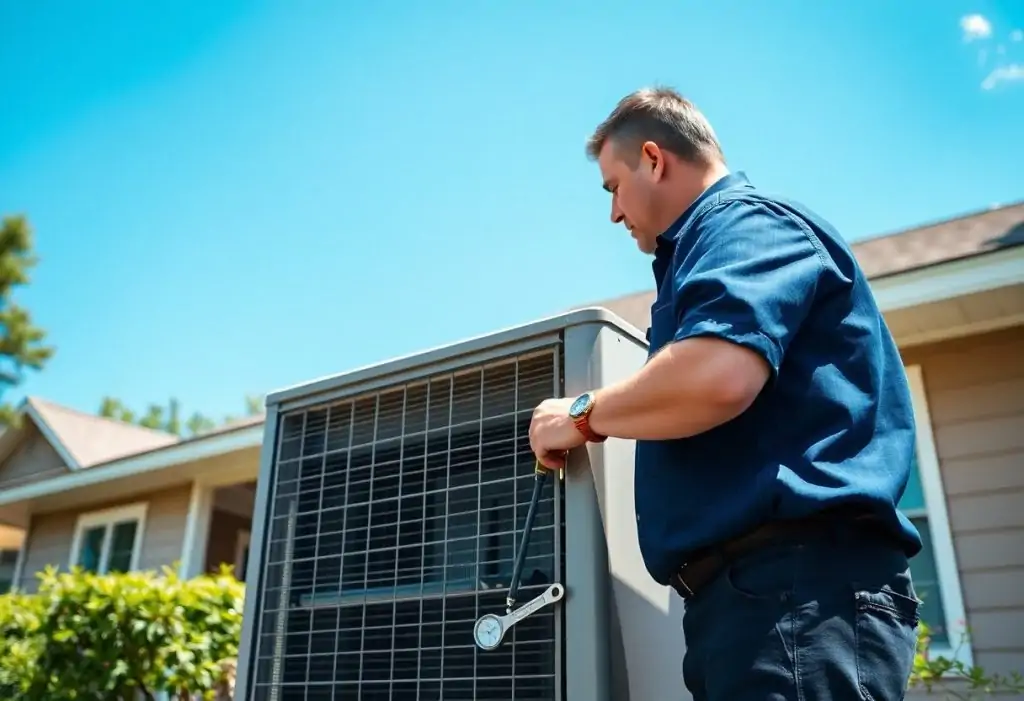 ClimaServ technician performing AC maintenance in Merrydale before summer heat